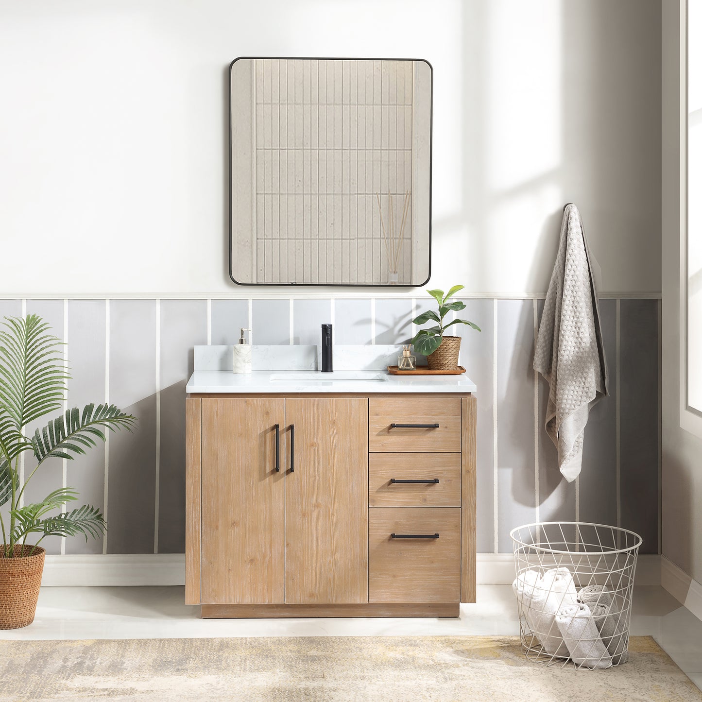 San 42" Free-standing Single Bath Vanity in Fir Wood Brown with White Grain Composite Stone Top