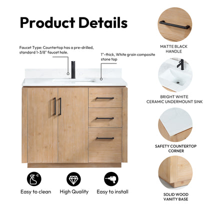 San 42" Free-standing Single Bath Vanity in Fir Wood Brown with White Grain Composite Stone Top