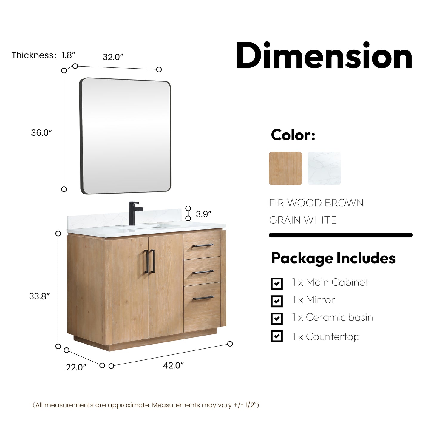 San 42" Free-standing Single Bath Vanity in Fir Wood Brown with White Grain Composite Stone Top