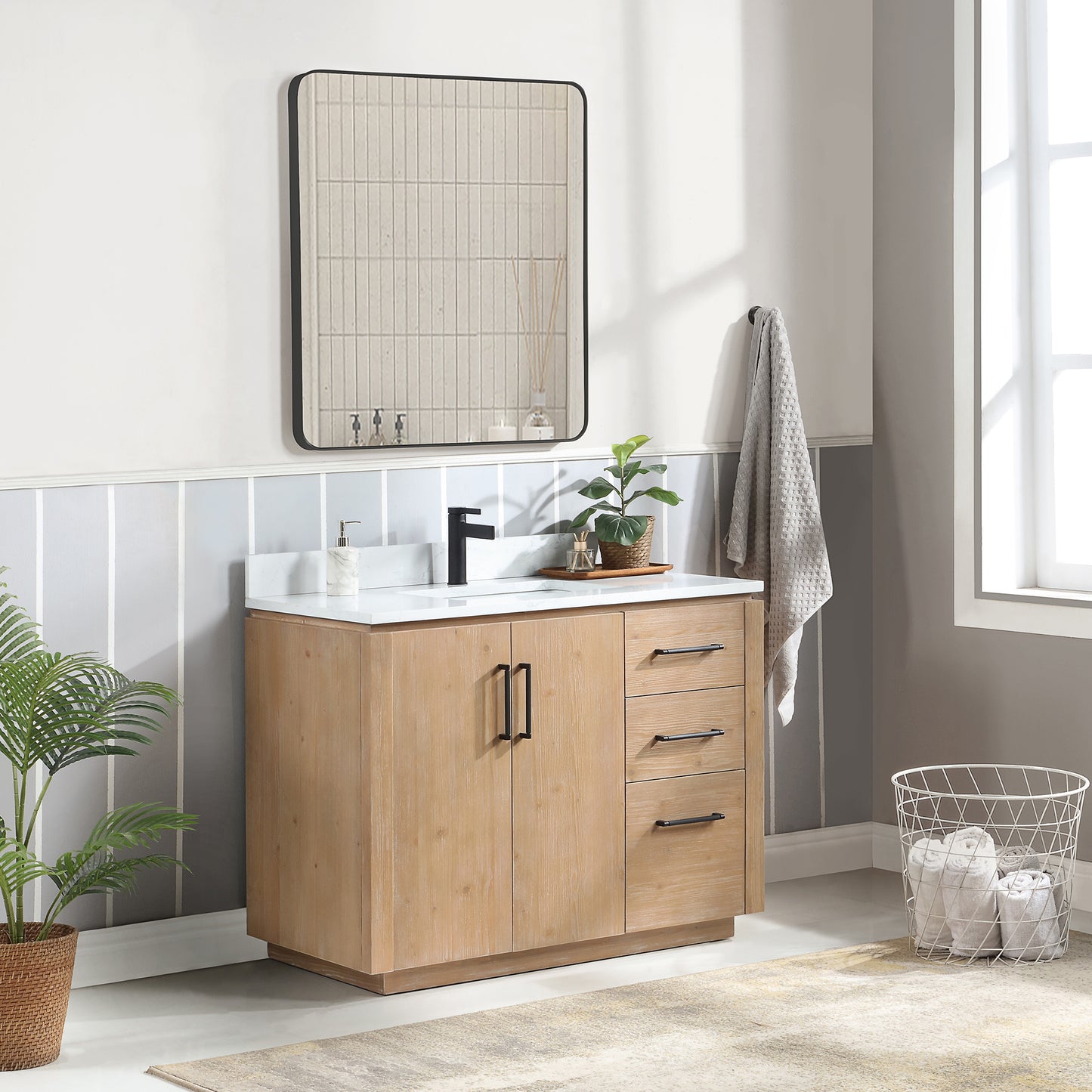 San 42" Free-standing Single Bath Vanity in Fir Wood Brown with White Grain Composite Stone Top
