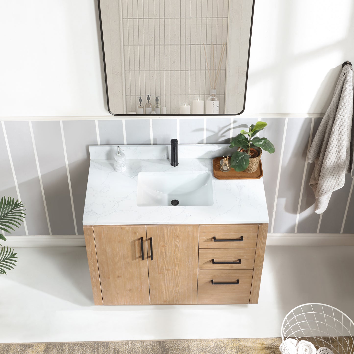 San 42" Free-standing Single Bath Vanity in Fir Wood Brown with White Grain Composite Stone Top