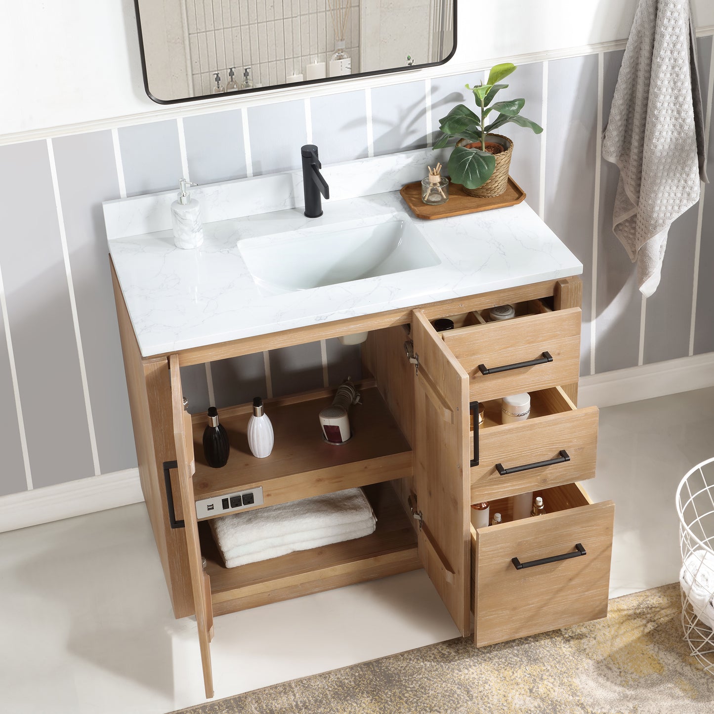 San 42" Free-standing Single Bath Vanity in Fir Wood Brown with White Grain Composite Stone Top