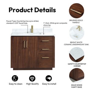 San 42" Free-standing Single Bath Vanity in Natural Walnut with White Grain Composite Stone Top