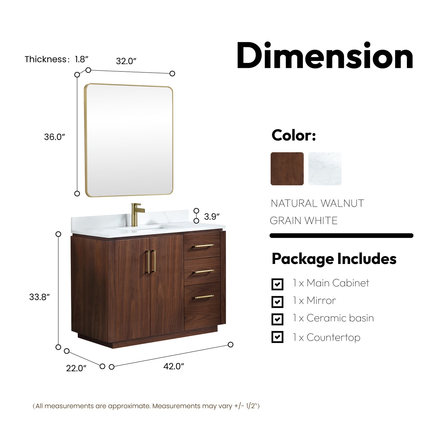 San 42" Free-standing Single Bath Vanity in Natural Walnut with White Grain Composite Stone Top