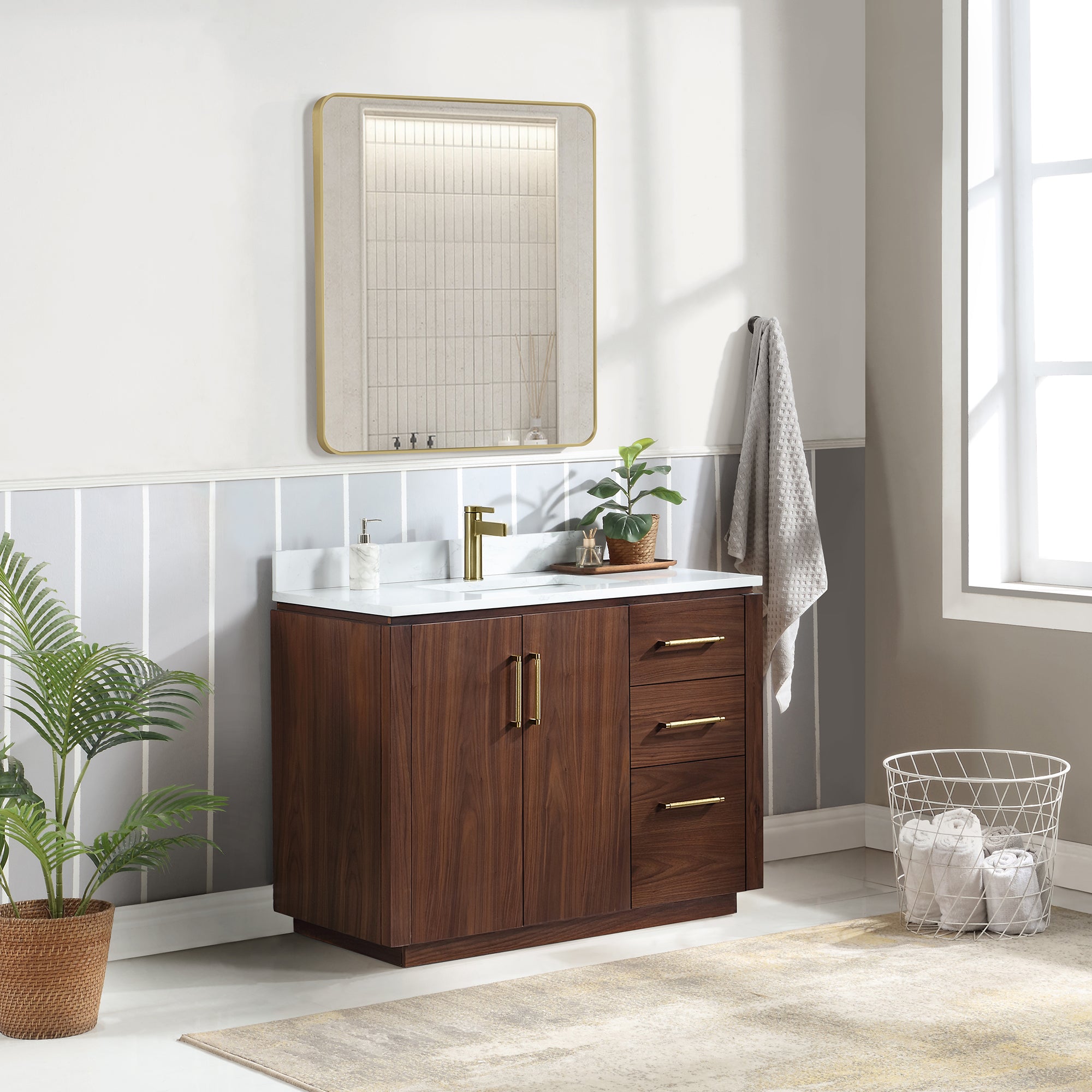 San 42" Free-standing Single Bath Vanity in Natural Walnut with White Grain Composite Stone Top