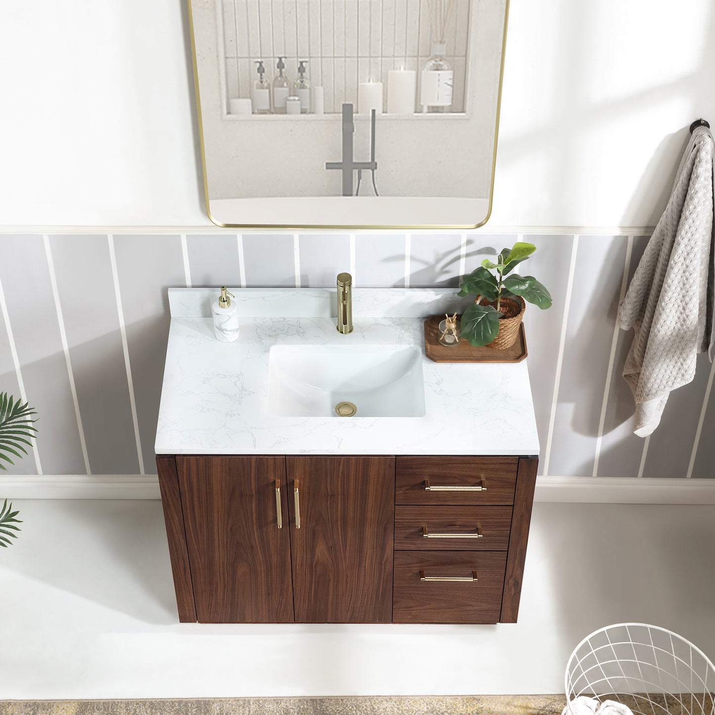 San 42" Free-standing Single Bath Vanity in Natural Walnut with White Grain Composite Stone Top