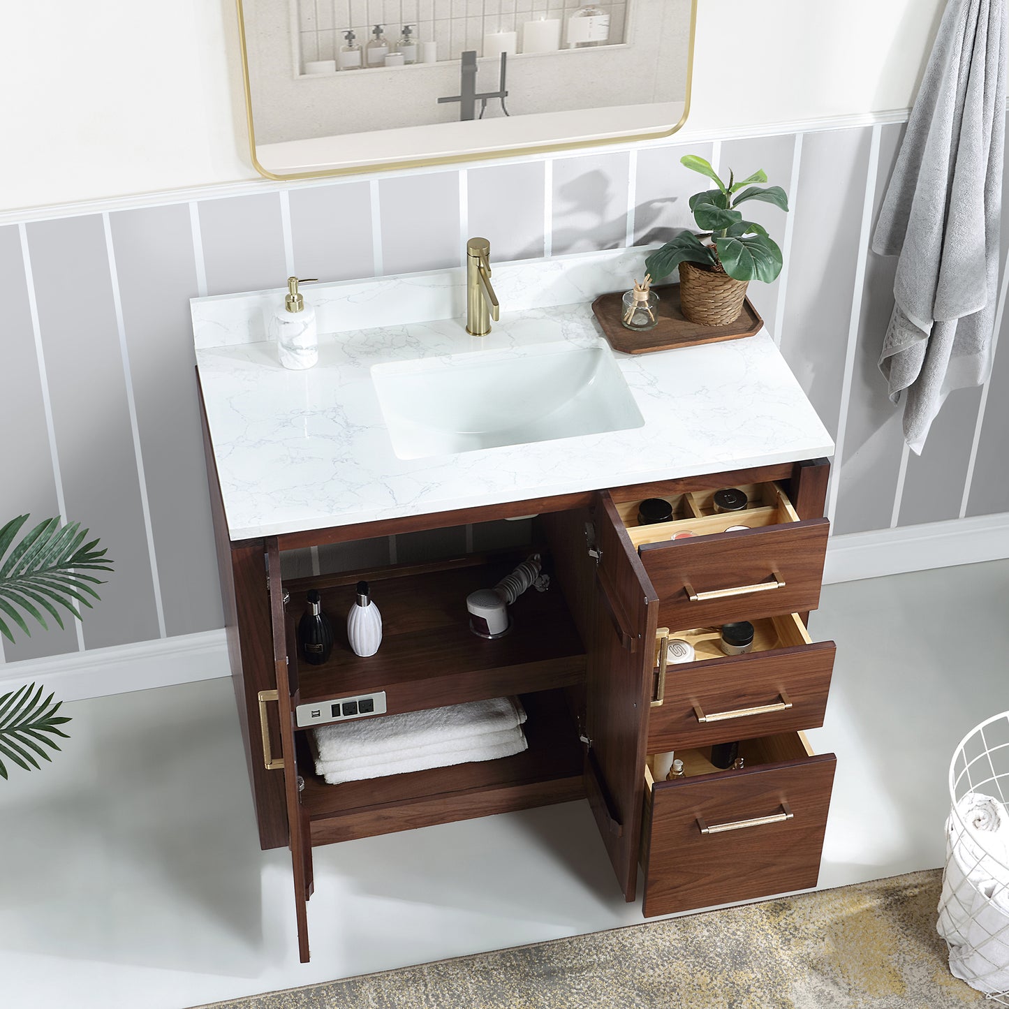 San 42" Free-standing Single Bath Vanity in Natural Walnut with White Grain Composite Stone Top