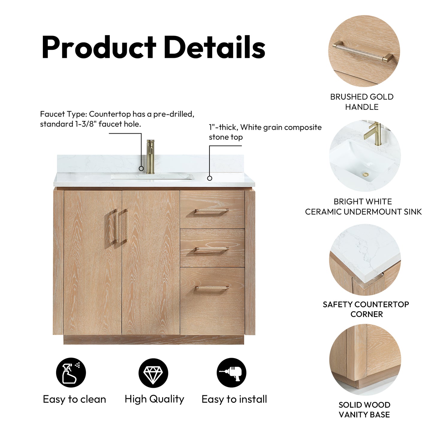 San 42" Free-standing Single Bath Vanity in Washed Ash Grey with White Grain Composite Stone Top