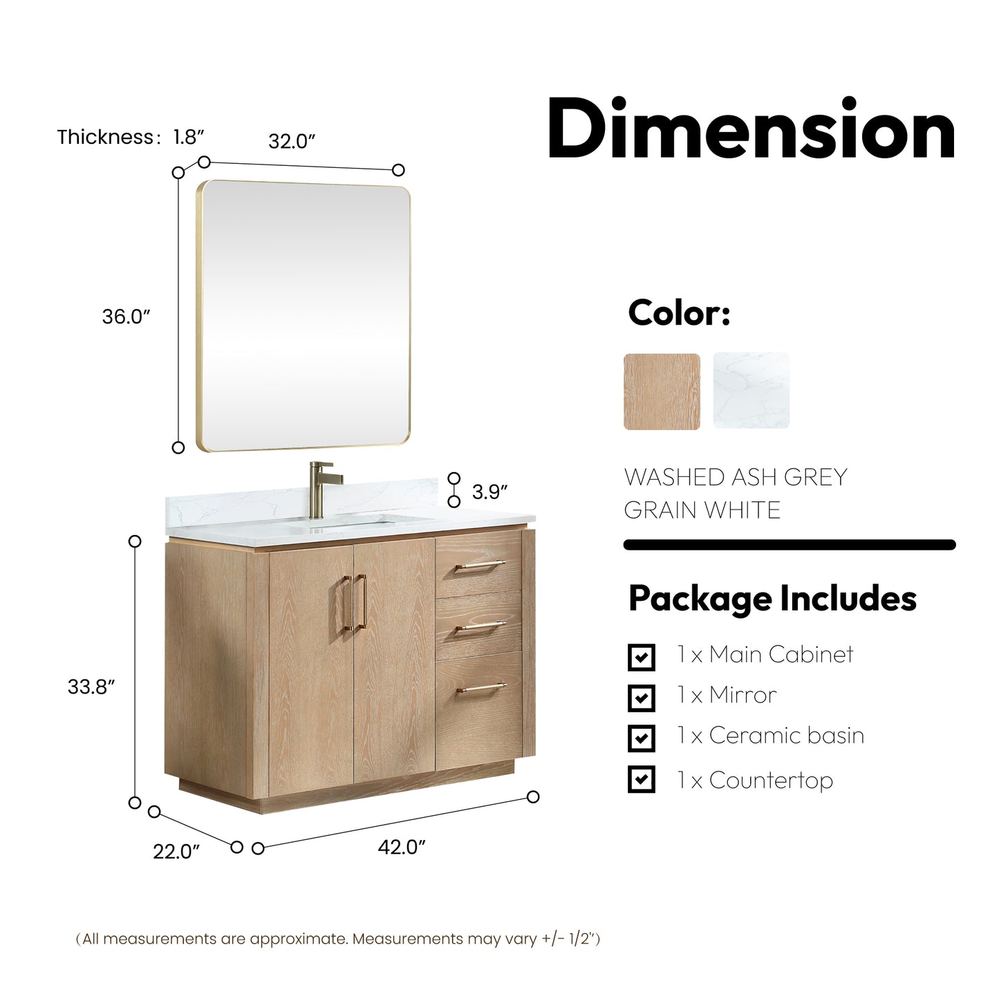 San 42" Free-standing Single Bath Vanity in Washed Ash Grey with White Grain Composite Stone Top