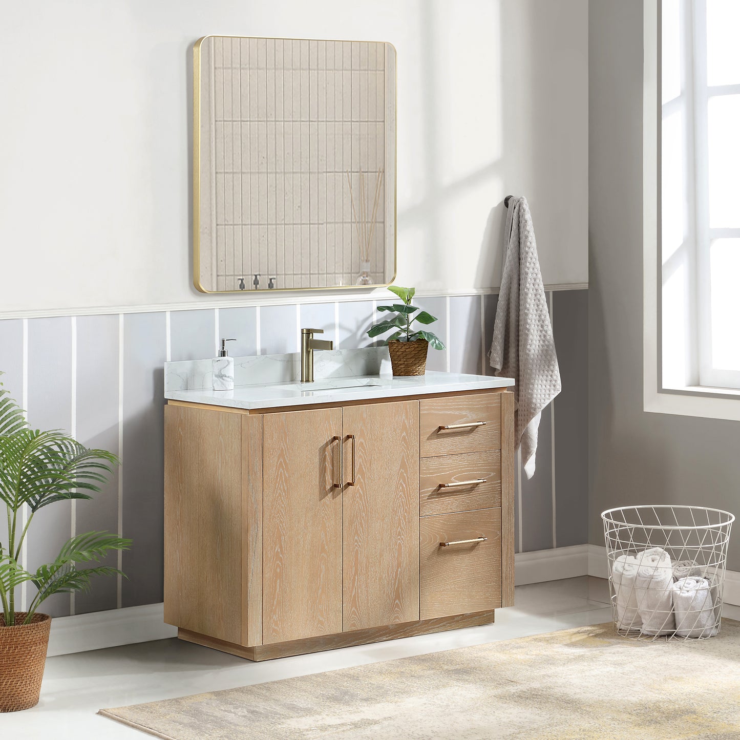 San 42" Free-standing Single Bath Vanity in Washed Ash Grey with White Grain Composite Stone Top
