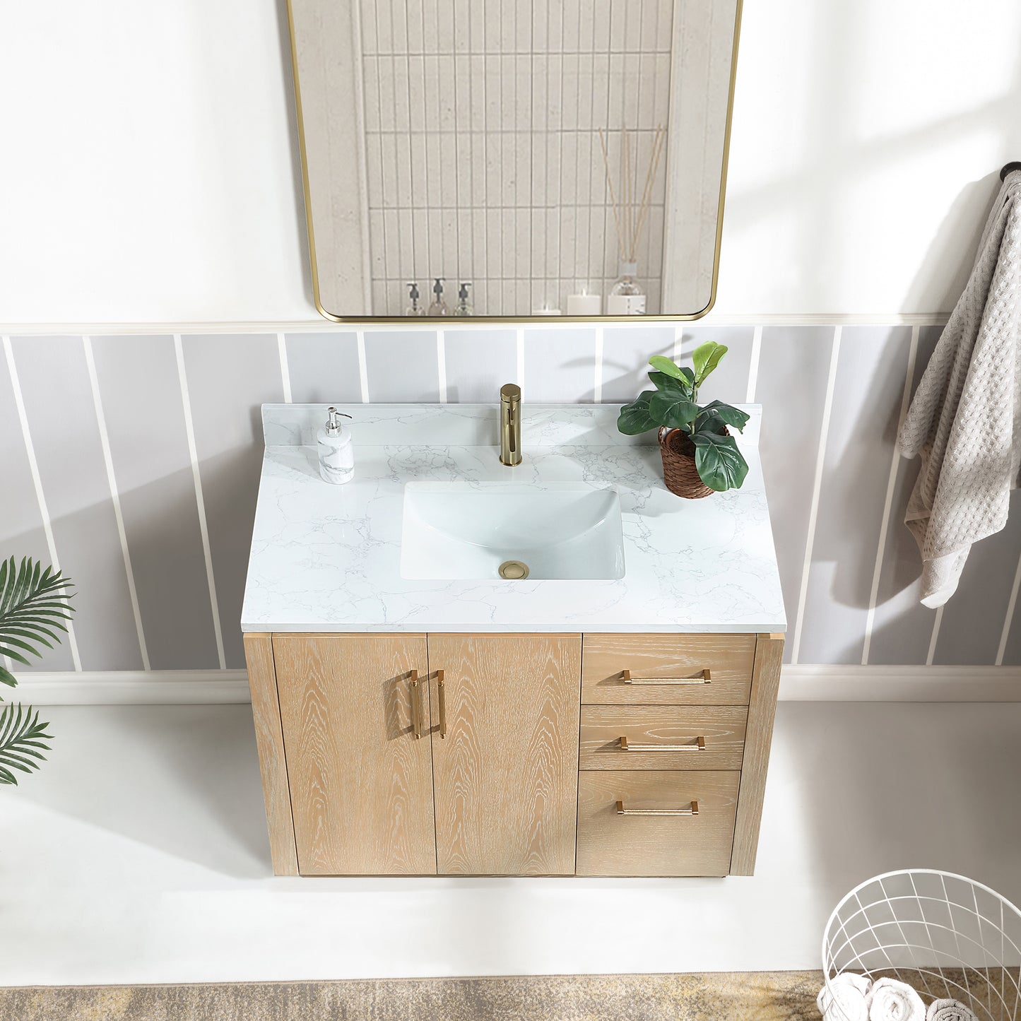 San 42" Free-standing Single Bath Vanity in Washed Ash Grey with White Grain Composite Stone Top