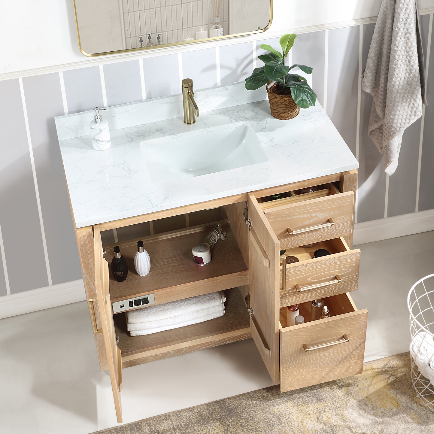 San 42" Free-standing Single Bath Vanity in Washed Ash Grey with White Grain Composite Stone Top