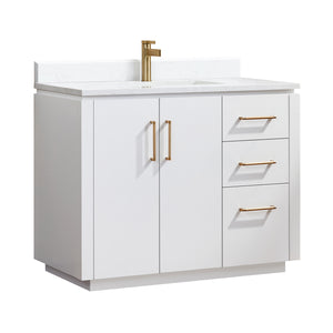 Open image in slideshow, San 42&quot; Free-standing Single Bath Vanity in White with White Grain Composite Stone Top
