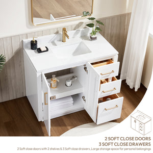 San 42" Free-standing Single Bath Vanity in White with White Grain Composite Stone Top