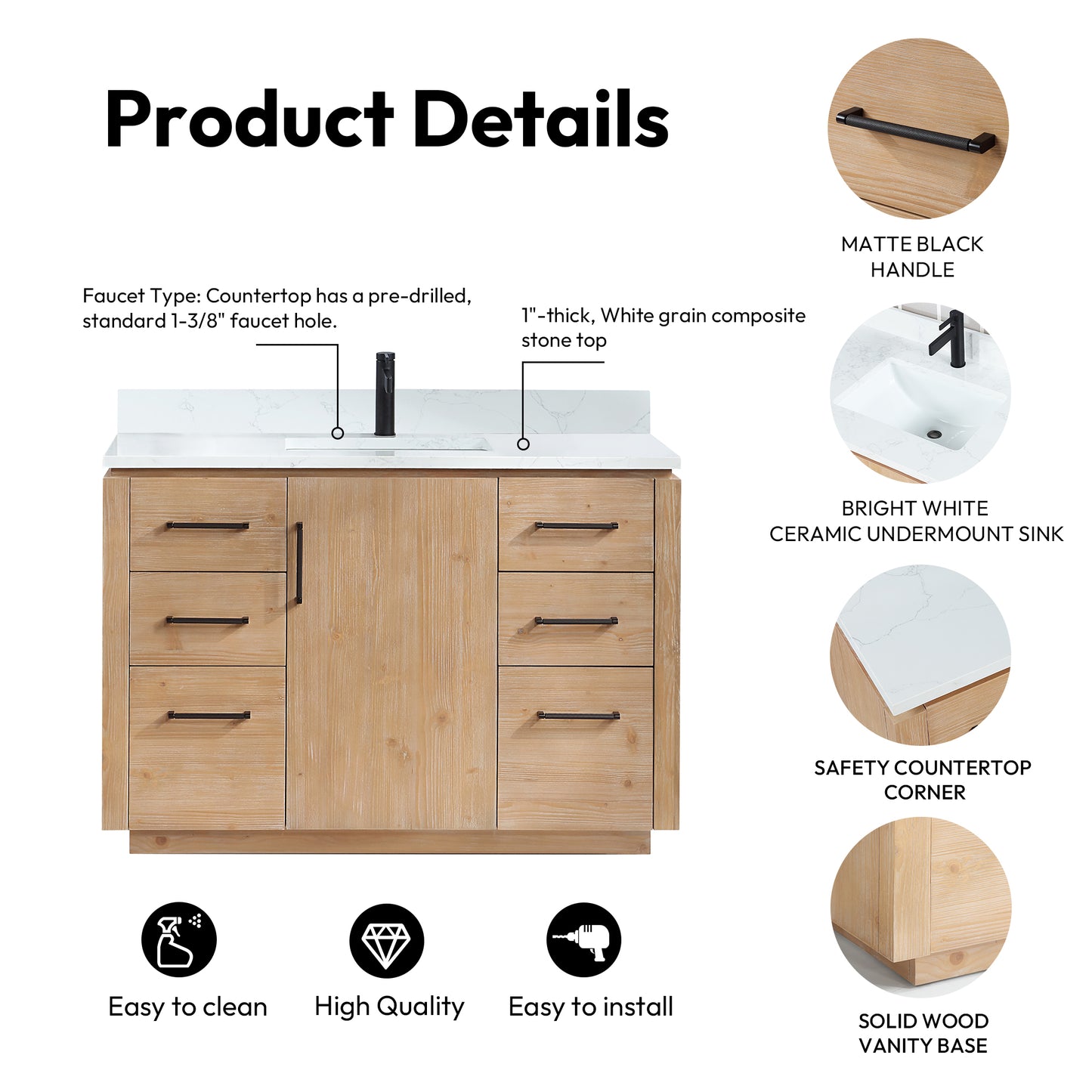 San 48" Free-standing Single Bath Vanity in Fir Wood Brown with White Grain Composite Stone Top