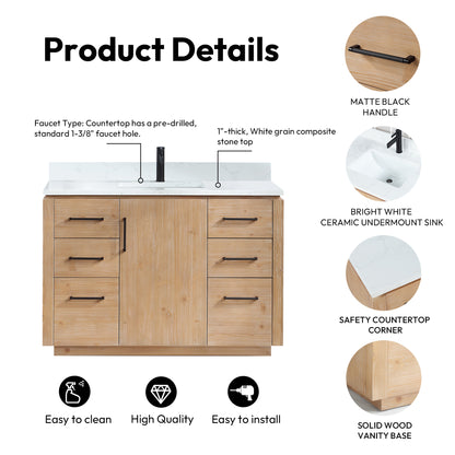 San 48" Free-standing Single Bath Vanity in Fir Wood Brown with White Grain Composite Stone Top