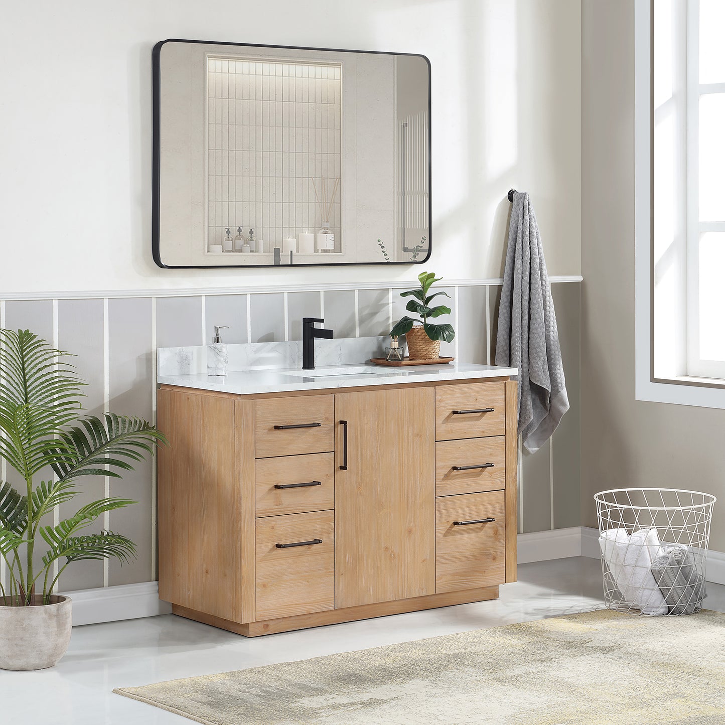 San 48" Free-standing Single Bath Vanity in Fir Wood Brown with White Grain Composite Stone Top