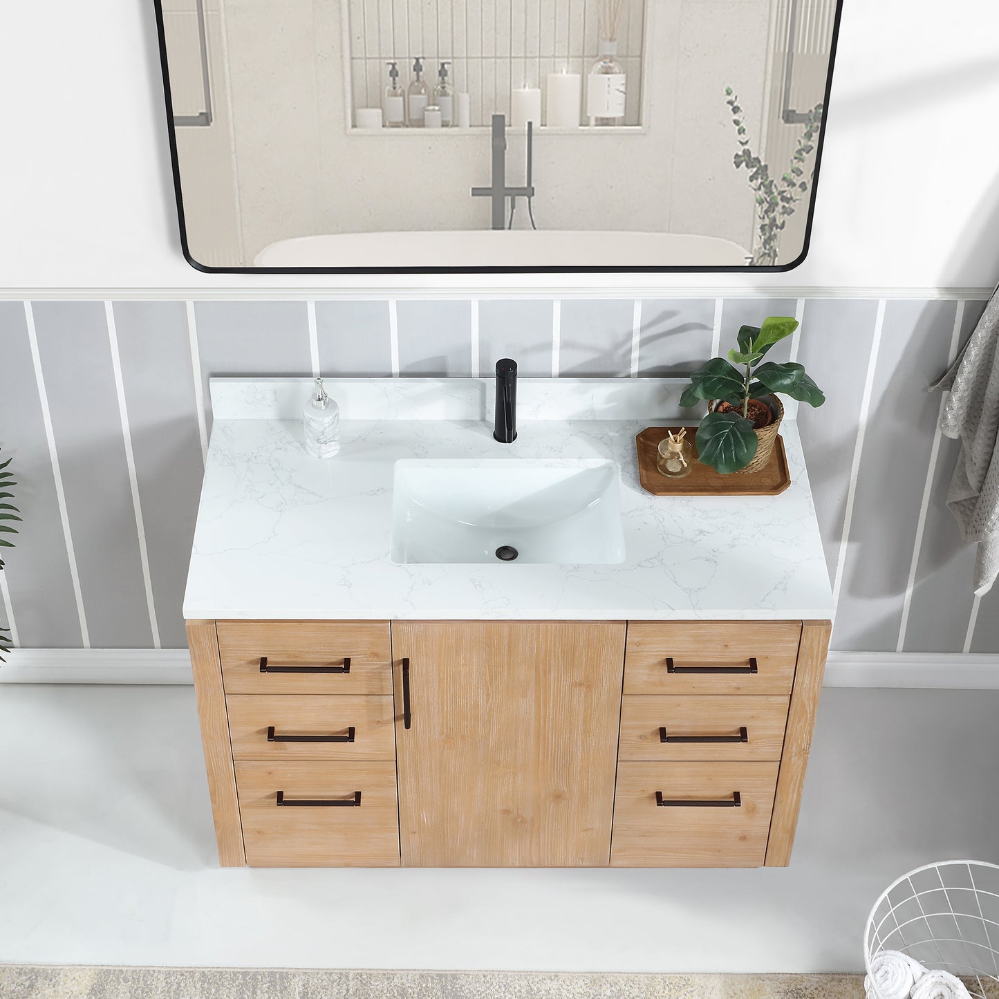 San 48" Free-standing Single Bath Vanity in Fir Wood Brown with White Grain Composite Stone Top