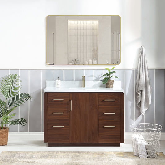 San 48" Free-standing Single Bath Vanity in Natural Walnut with White Grain Composite Stone Top