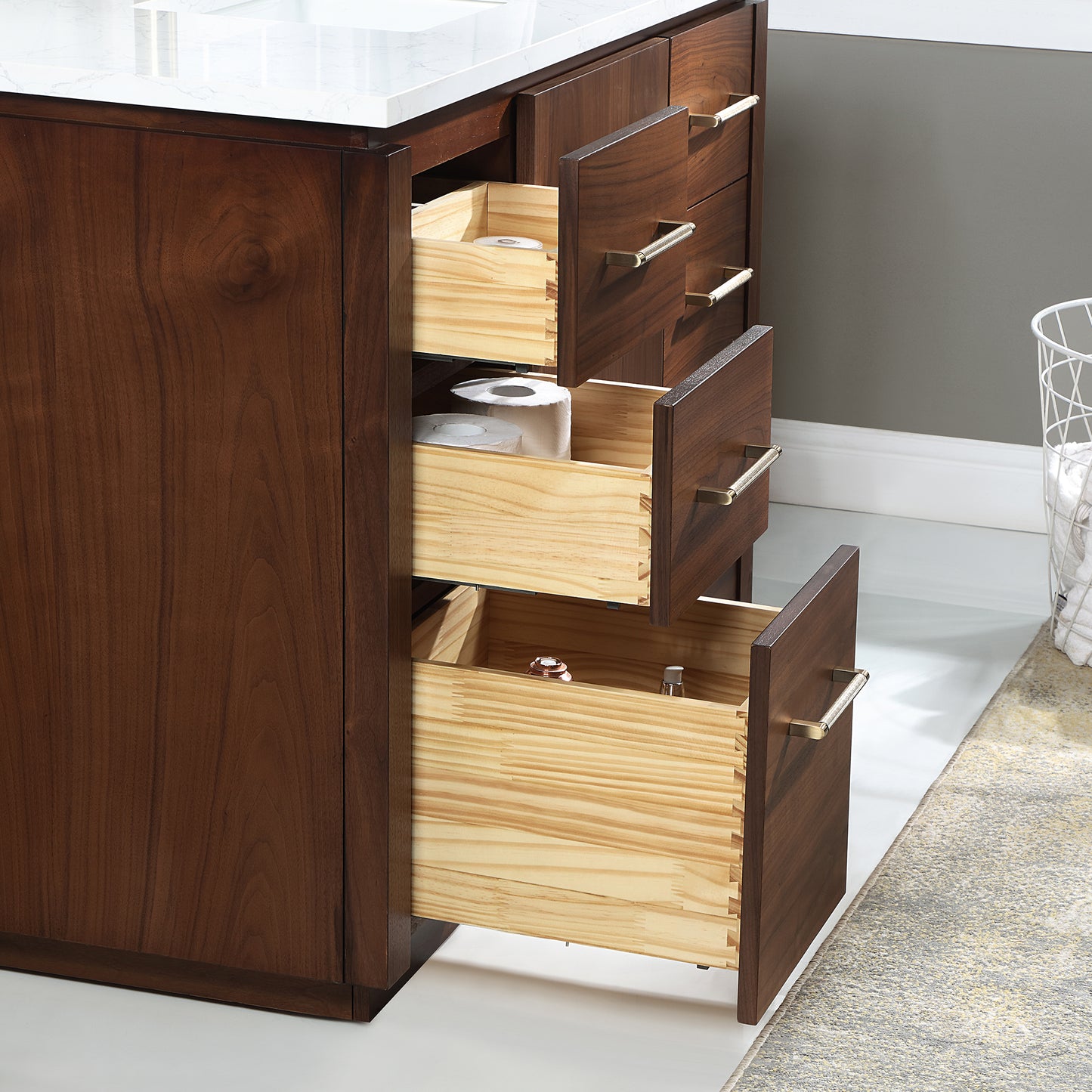 San 48" Free-standing Single Bath Vanity in Natural Walnut with White Grain Composite Stone Top