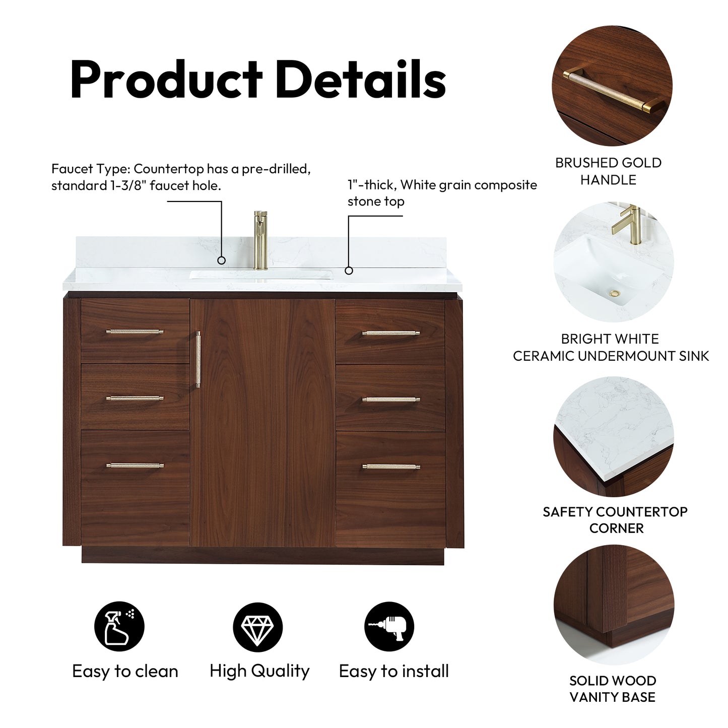 San 48" Free-standing Single Bath Vanity in Natural Walnut with White Grain Composite Stone Top