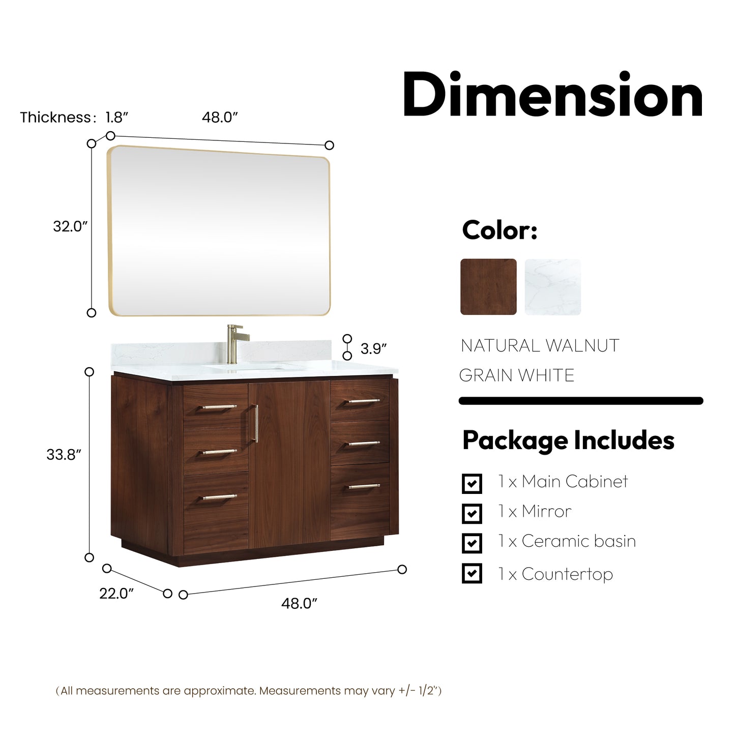 San 48" Free-standing Single Bath Vanity in Natural Walnut with White Grain Composite Stone Top