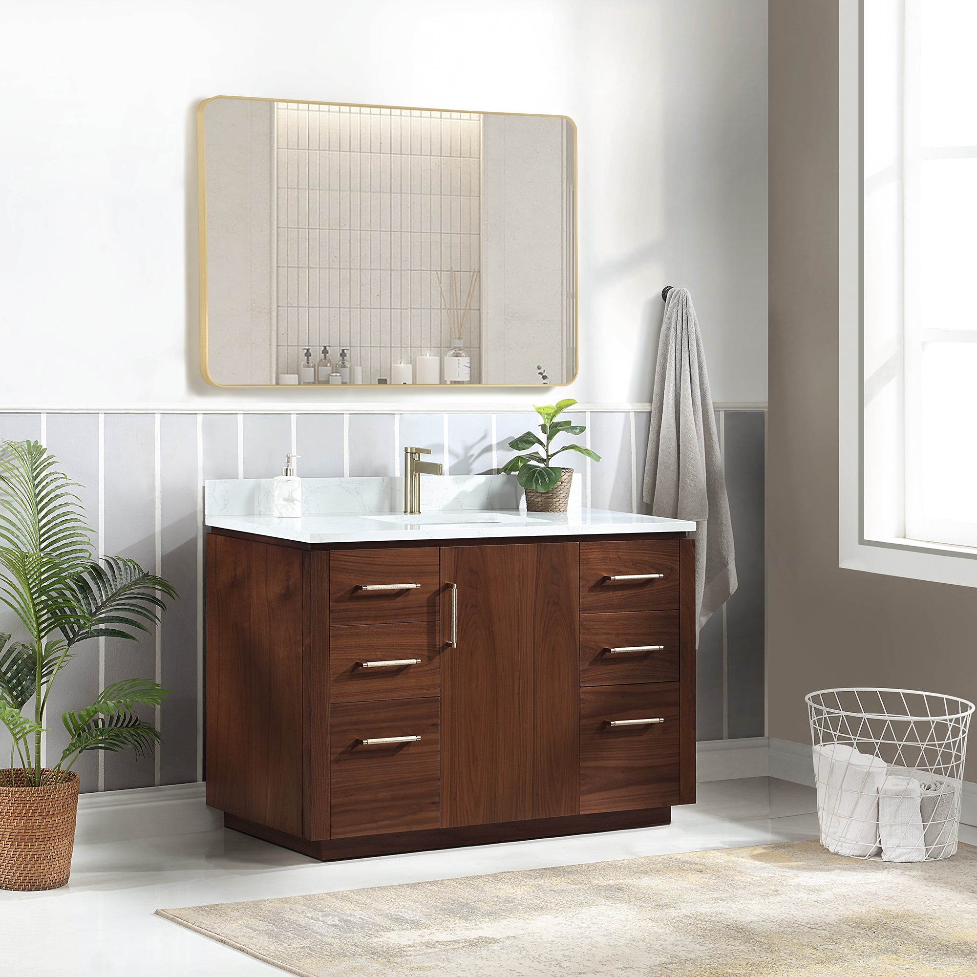 San 48" Free-standing Single Bath Vanity in Natural Walnut with White Grain Composite Stone Top