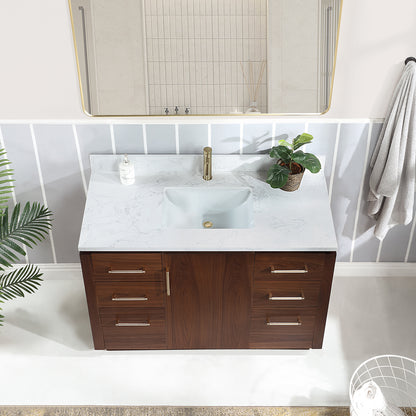 San 48" Free-standing Single Bath Vanity in Natural Walnut with White Grain Composite Stone Top