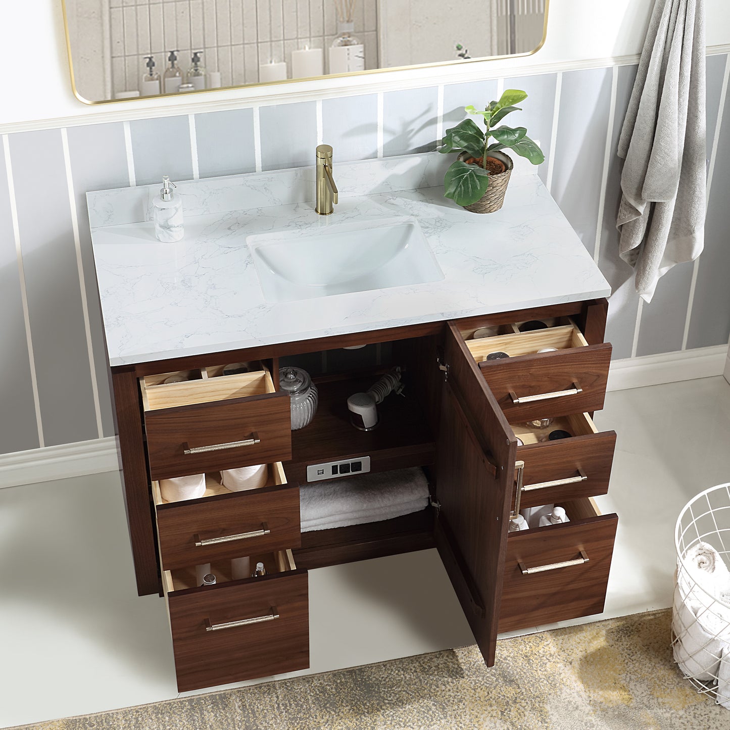San 48" Free-standing Single Bath Vanity in Natural Walnut with White Grain Composite Stone Top