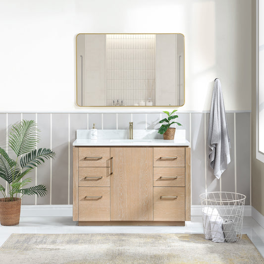 San 48" Free-standing Single Bath Vanity in Washed Ash Grey with White Grain Composite Stone Top