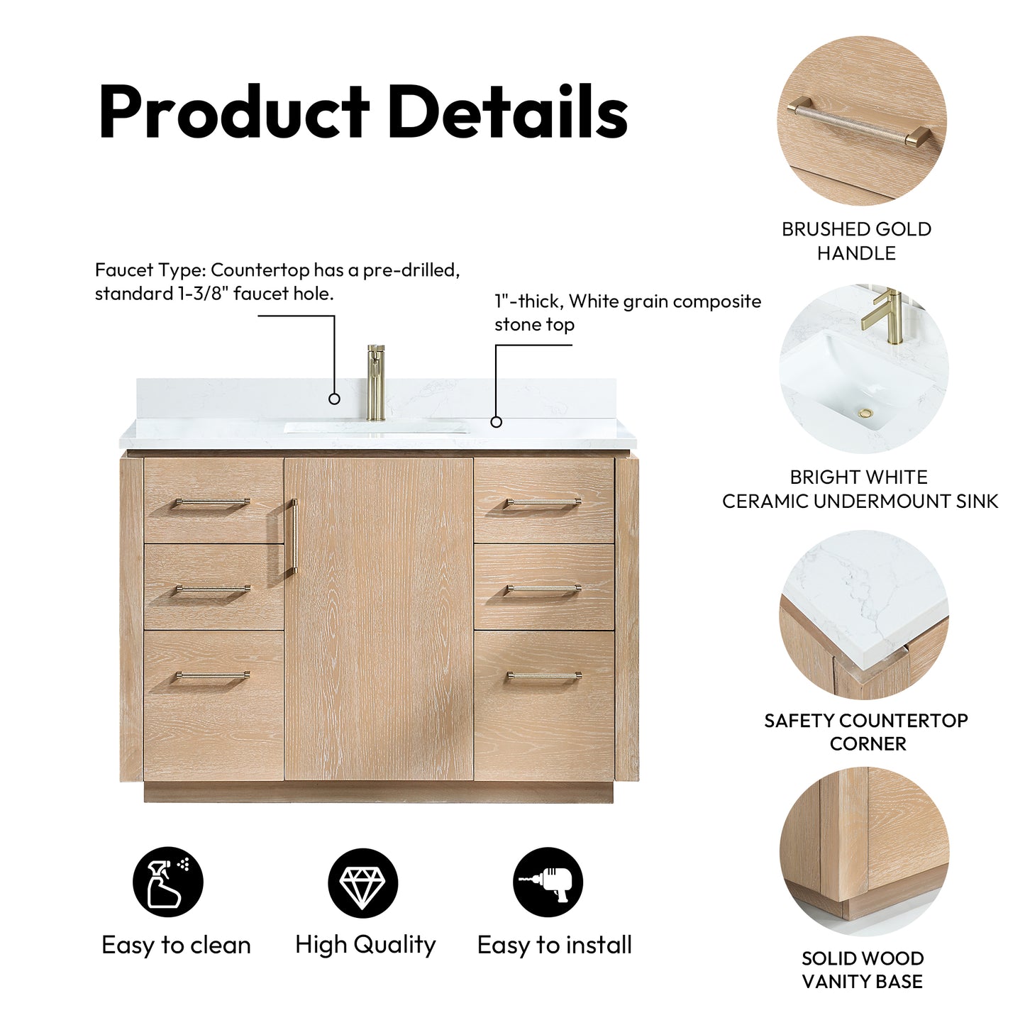 San 48" Free-standing Single Bath Vanity in Washed Ash Grey with White Grain Composite Stone Top