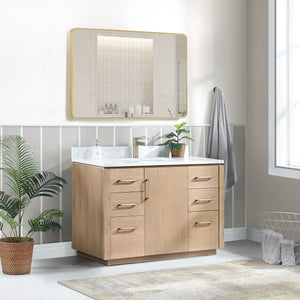 San 48" Free-standing Single Bath Vanity in Washed Ash Grey with White Grain Composite Stone Top