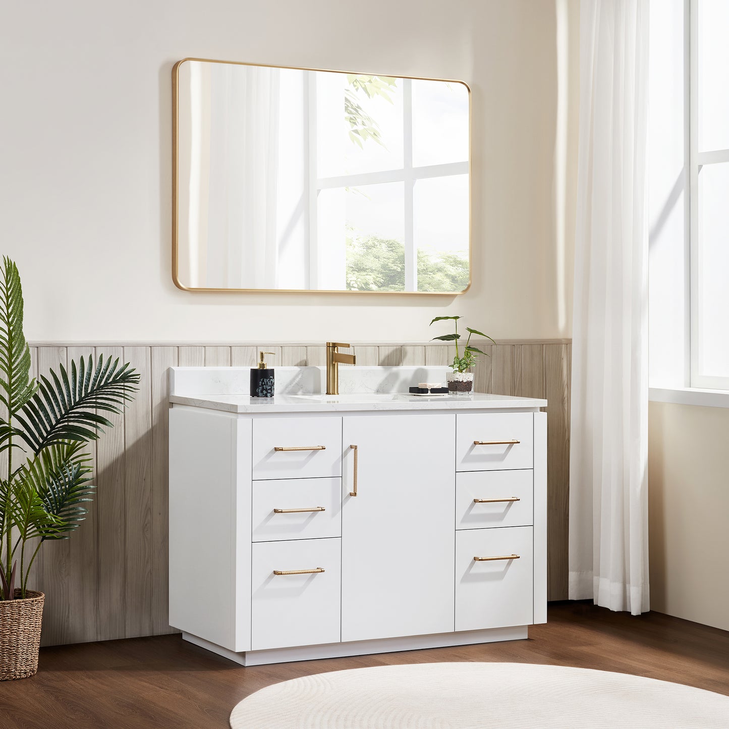 San 48" Free-standing Single Bath Vanity in White with White Grain Composite Stone Top