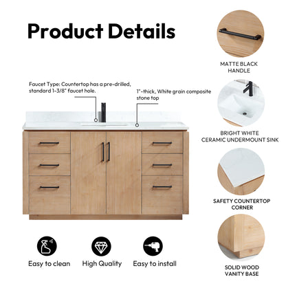 San 60" Free-standing Single Bath Vanity in Fir Wood Brown with White Grain Composite Stone Top