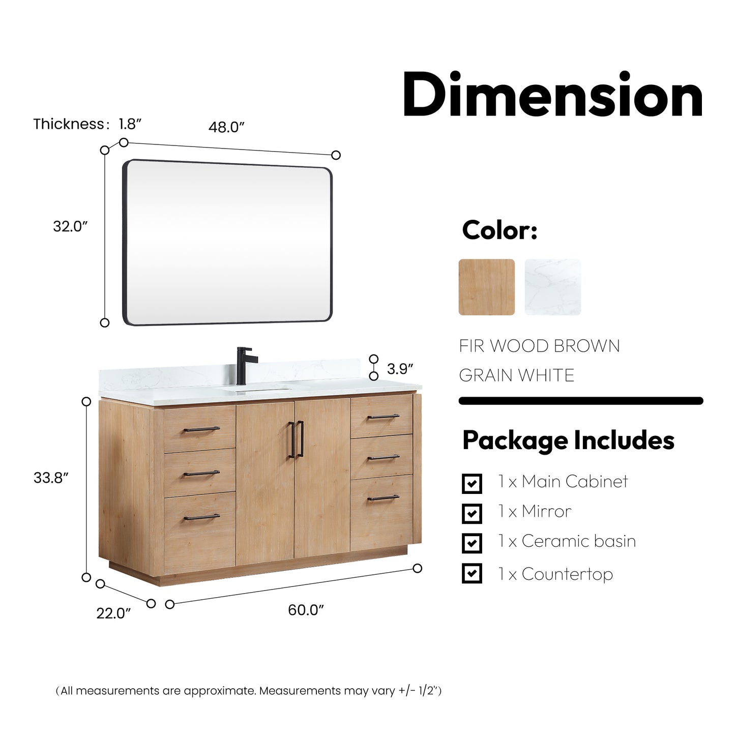 San 60" Free-standing Single Bath Vanity in Fir Wood Brown with White Grain Composite Stone Top