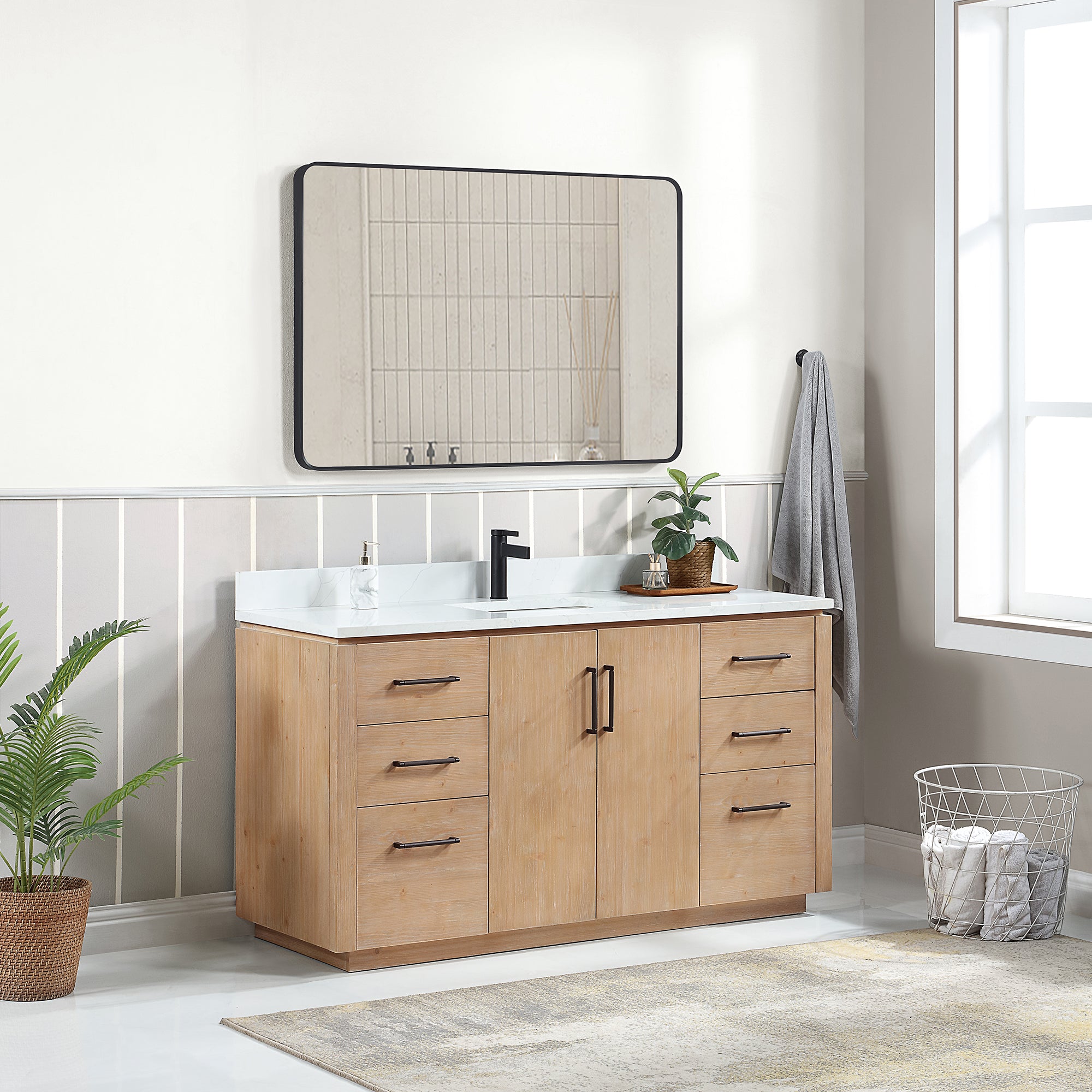San 60" Free-standing Single Bath Vanity in Fir Wood Brown with White Grain Composite Stone Top