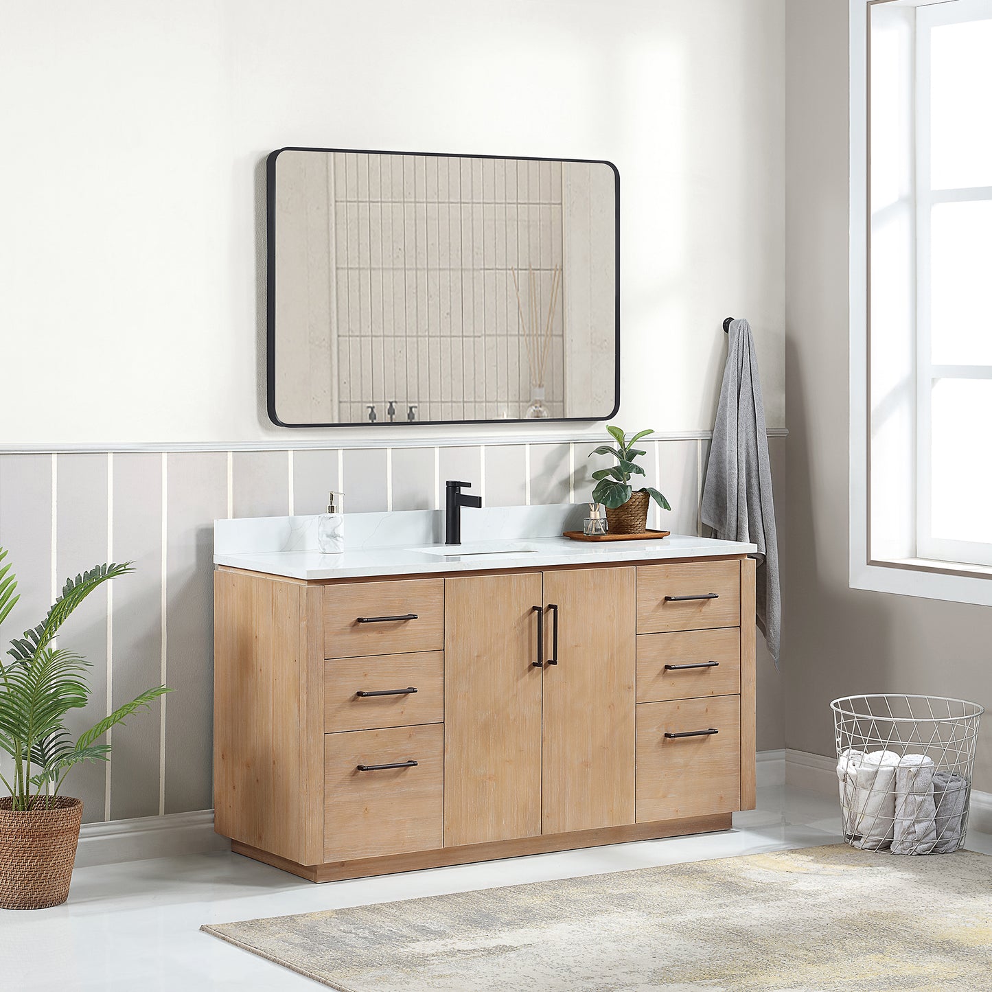 San 60" Free-standing Single Bath Vanity in Fir Wood Brown with White Grain Composite Stone Top