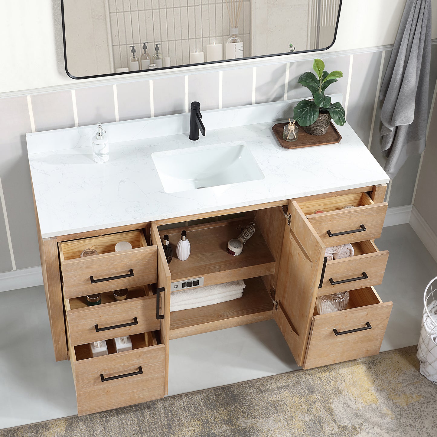 San 60" Free-standing Single Bath Vanity in Fir Wood Brown with White Grain Composite Stone Top
