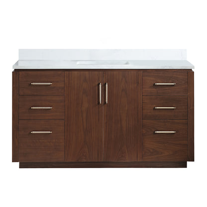 San 60" Free-standing Single Bath Vanity in Natural Walnut with White Grain Composite Stone Top