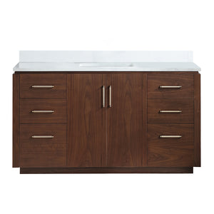 Open image in slideshow, San 60&quot; Free-standing Single Bath Vanity in Natural Walnut with White Grain Composite Stone Top
