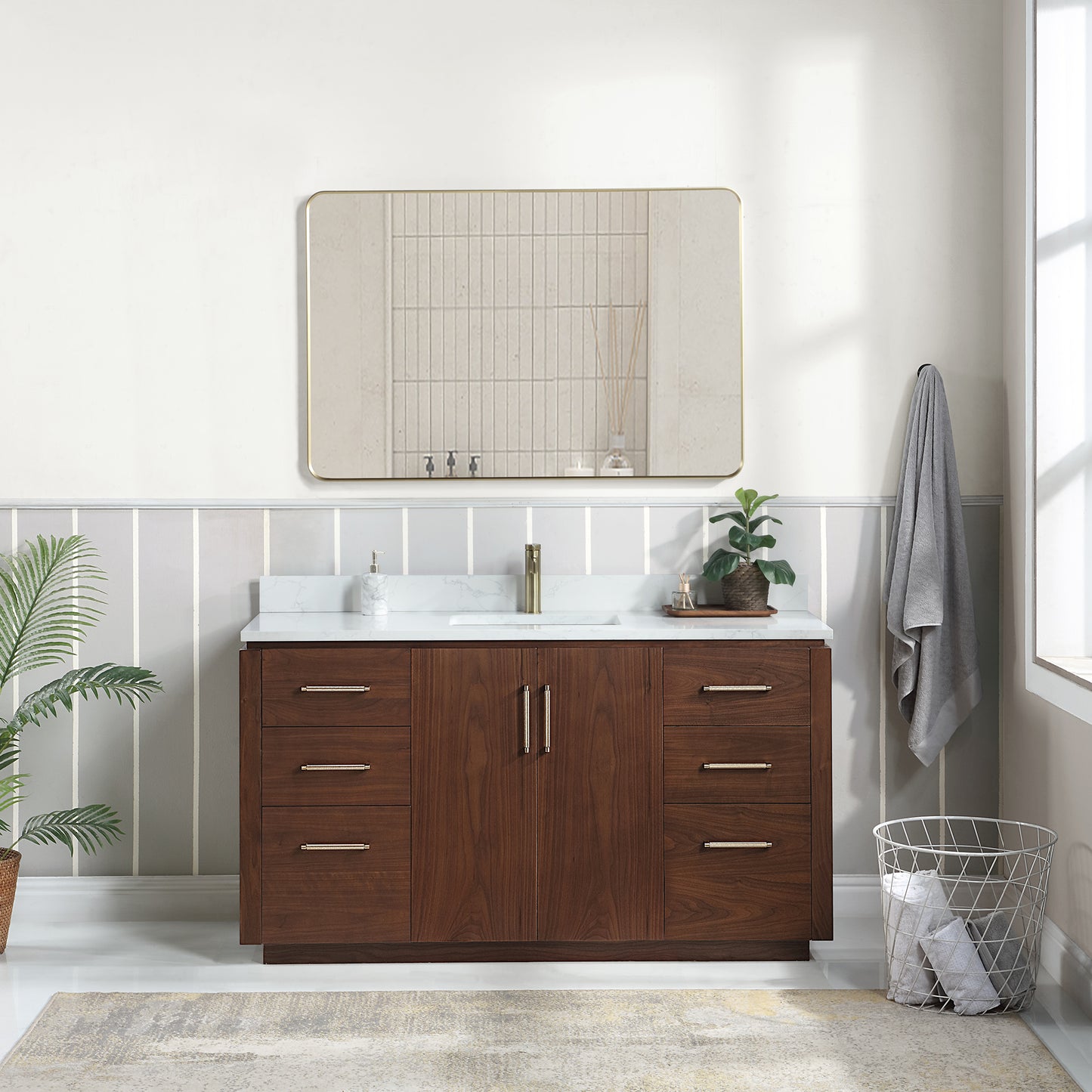 San 60" Free-standing Single Bath Vanity in Natural Walnut with White Grain Composite Stone Top