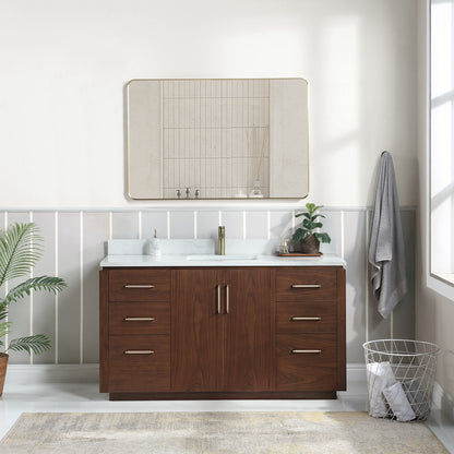 San 60" Free-standing Single Bath Vanity in Natural Walnut with White Grain Composite Stone Top