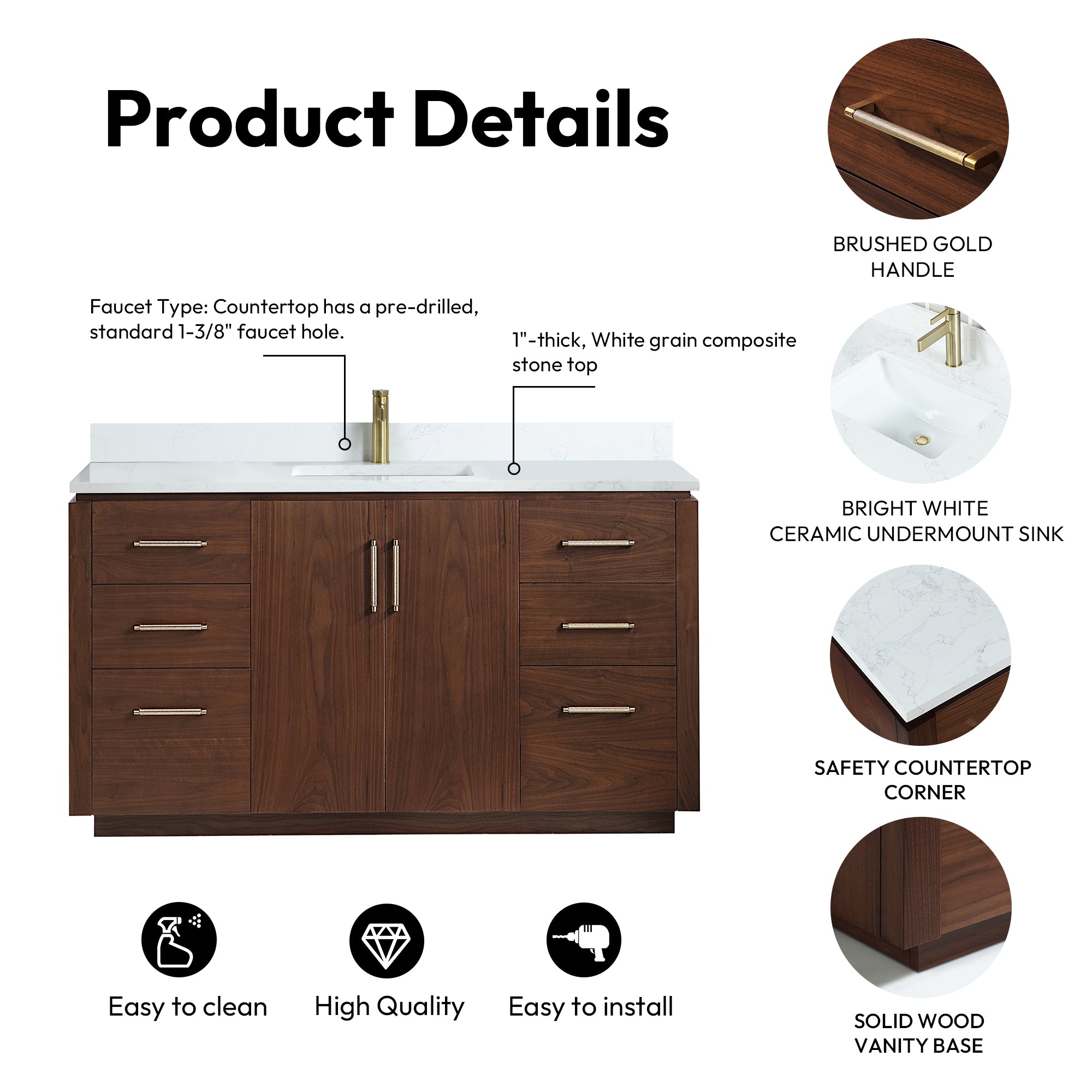San 60" Free-standing Single Bath Vanity in Natural Walnut with White Grain Composite Stone Top