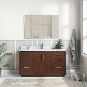 Open image in slideshow, San 60&quot; Free-standing Single Bath Vanity in Natural Walnut with White Grain Composite Stone Top
