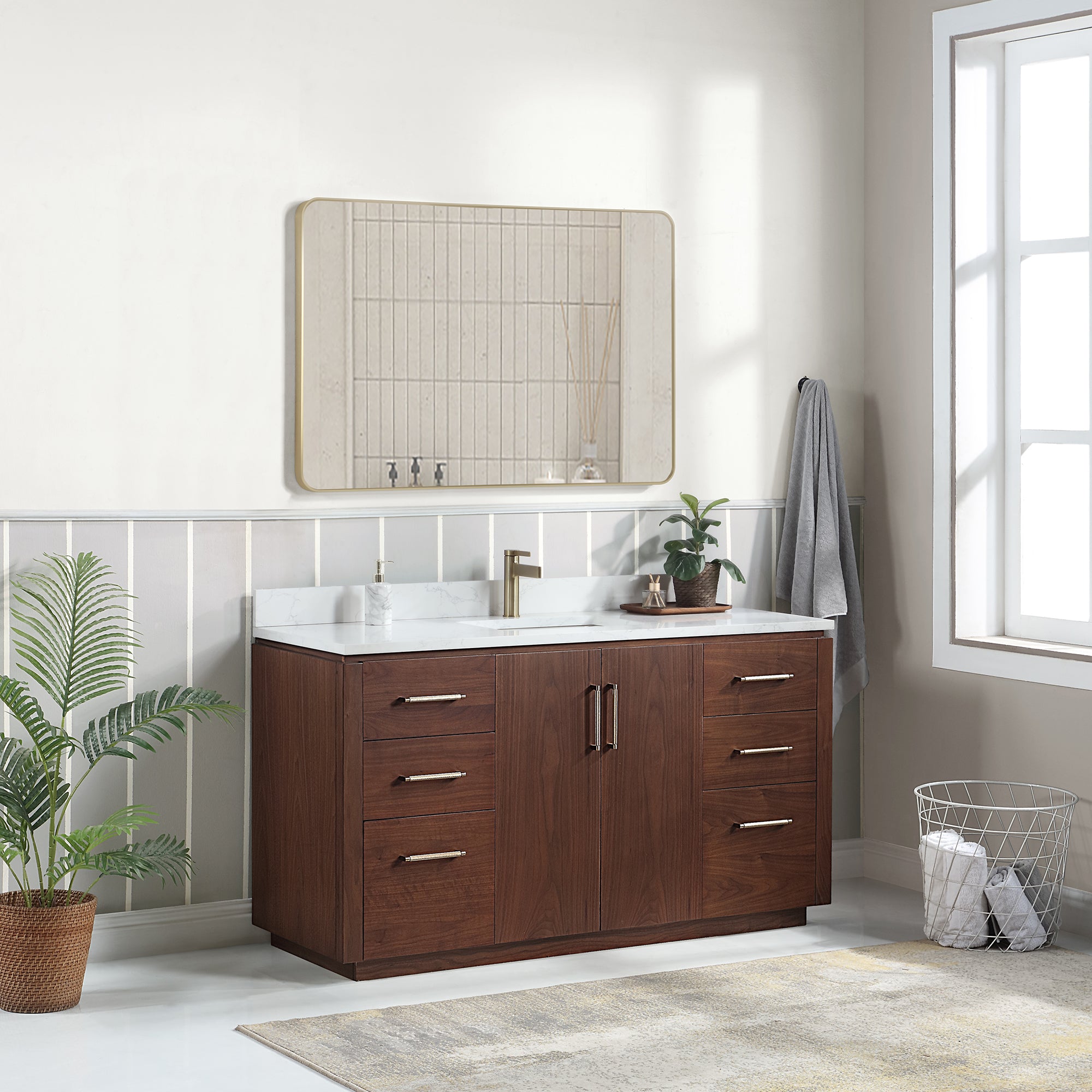 San 60" Free-standing Single Bath Vanity in Natural Walnut with White Grain Composite Stone Top