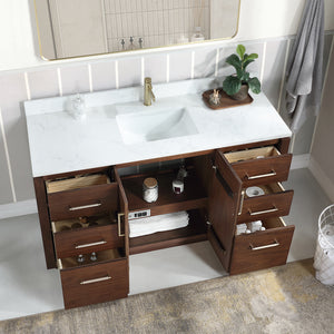 San 60" Free-standing Single Bath Vanity in Natural Walnut with White Grain Composite Stone Top