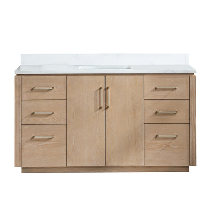 San 60" Free-standing Single Bath Vanity in Washed Ash Grey with White Grain Composite Stone Top