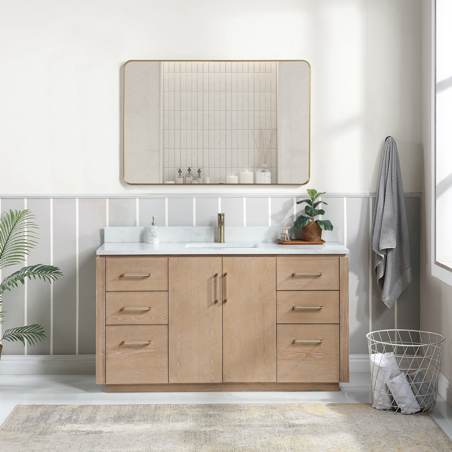 San 60" Free-standing Single Bath Vanity in Washed Ash Grey with White Grain Composite Stone Top