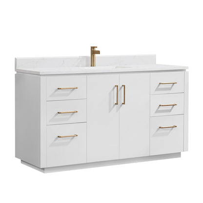 San 60" Free-standing Single Bath Vanity in White with White Grain Composite Stone Top