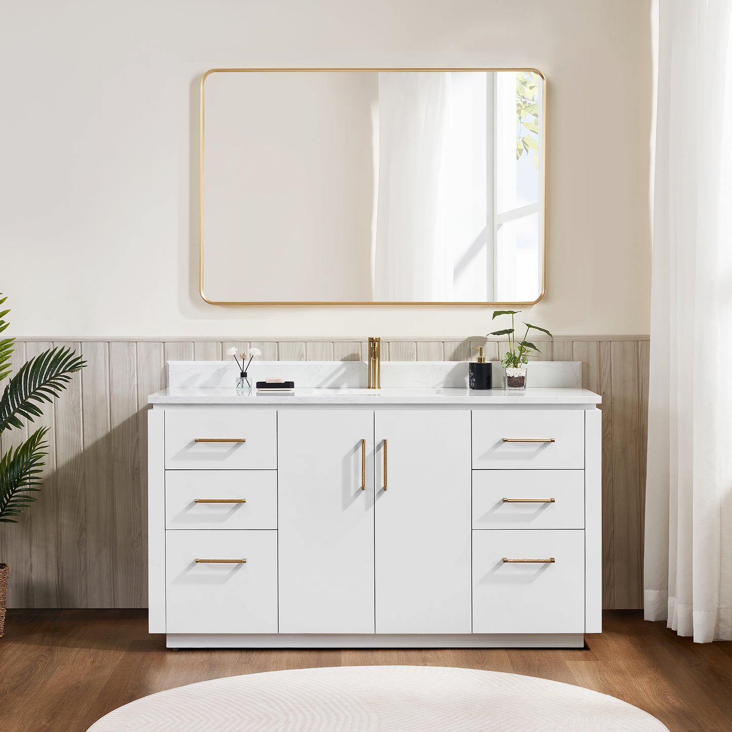 San 60" Free-standing Single Bath Vanity in White with White Grain Composite Stone Top